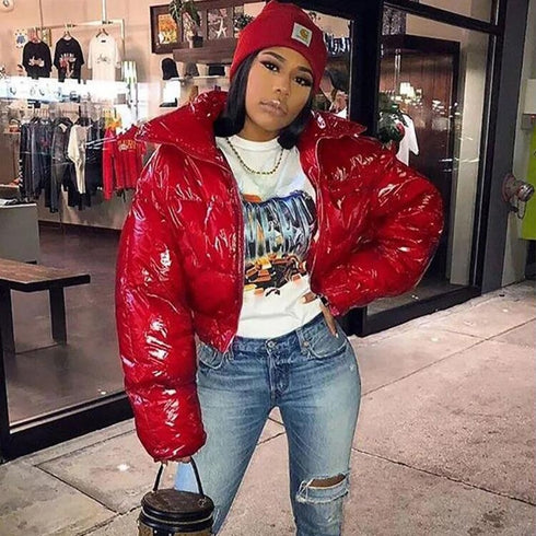 Sisterlinda Faux PU Leather Y2K Bubble Puffer Winter Warm Jacket Women Coats Long Sleeve Outerwear Zipper Casual Slim Parkas - ROUTINE FASHION